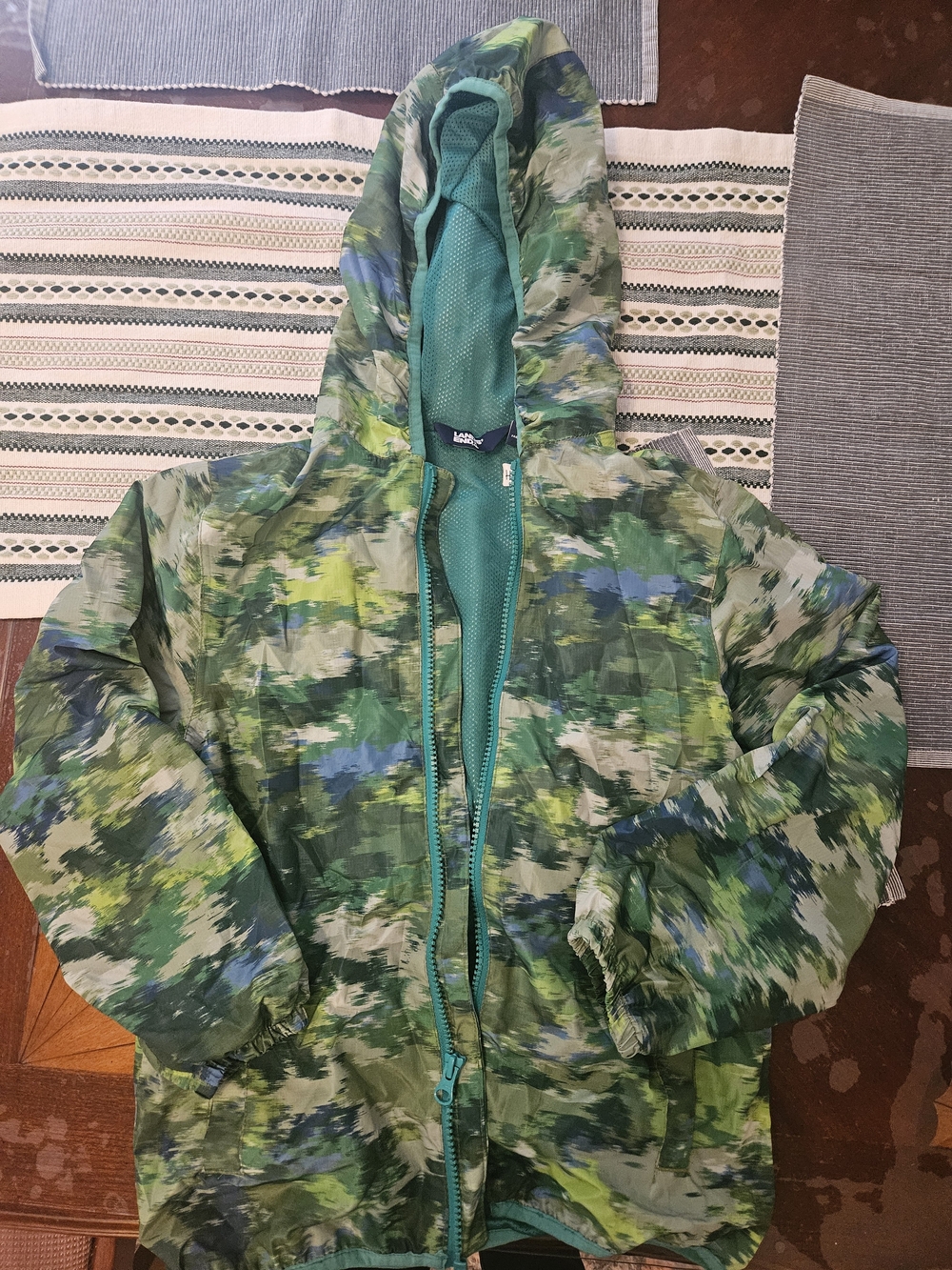 Lands' End Kids Packable Green Camo Hooded Rain Jacket Medium